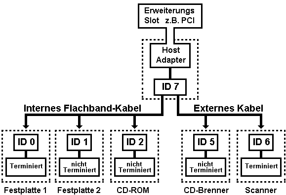 Aufbau von SCSI mit IDs + Terminierung + intern + extern